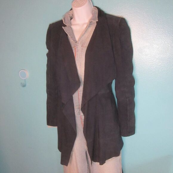 BCBG Womens Size S Navy Blue Leather Coat Draped Layered Waterfall Front Jacket - Picture 8 of 16